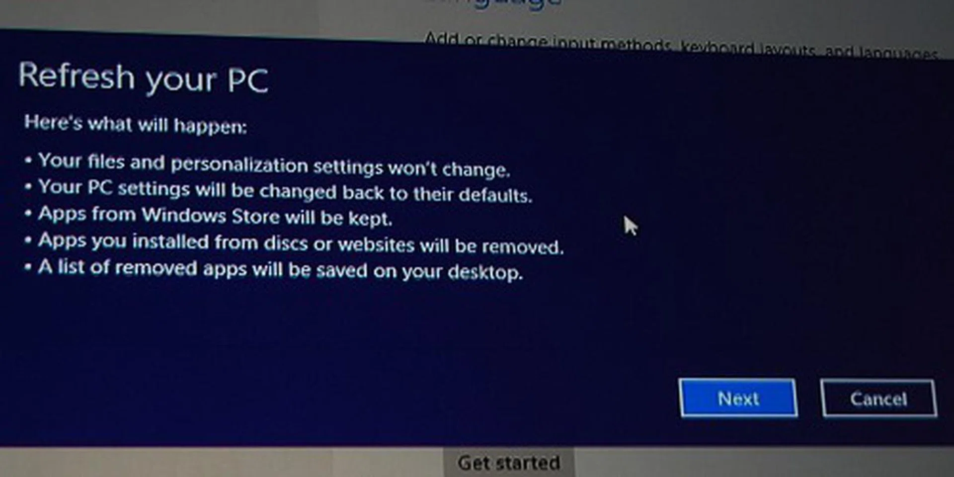 This is an overlay notice you’ll get once you choose to refresh your PC. After you press next...