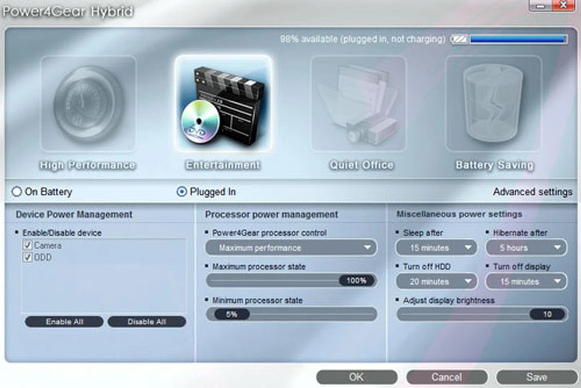 For quick access, the Power4Gear application from ASUS gives you several power profiles to select from. The processor state varies depending on which profile you choose. Savvy users may prefer Windows' Power Option program since it offers more in-depth tweaks. 