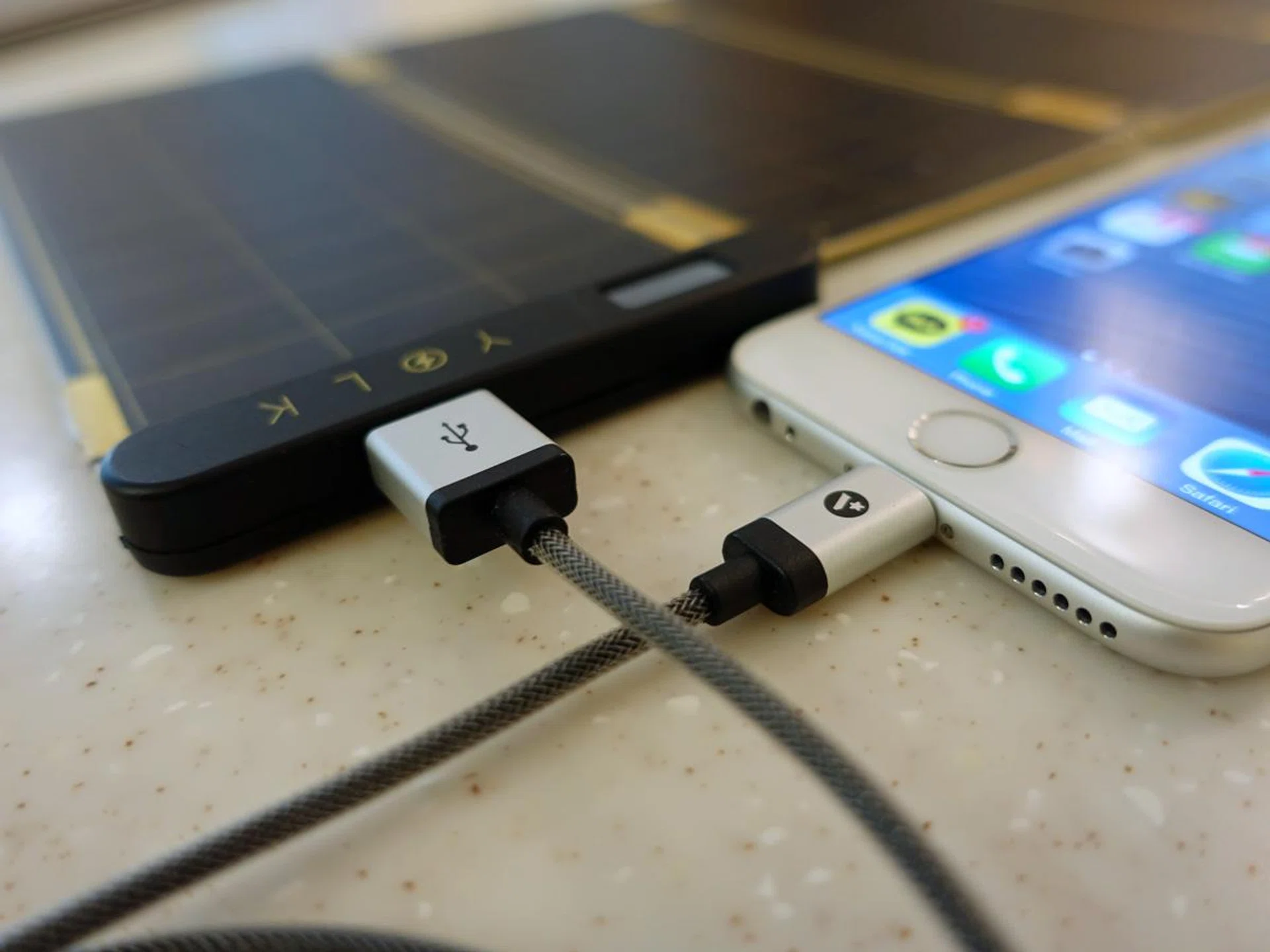 The USB port for the prototype Solar Paper. The final version will ship with two USB ports for Android and iOS devices.