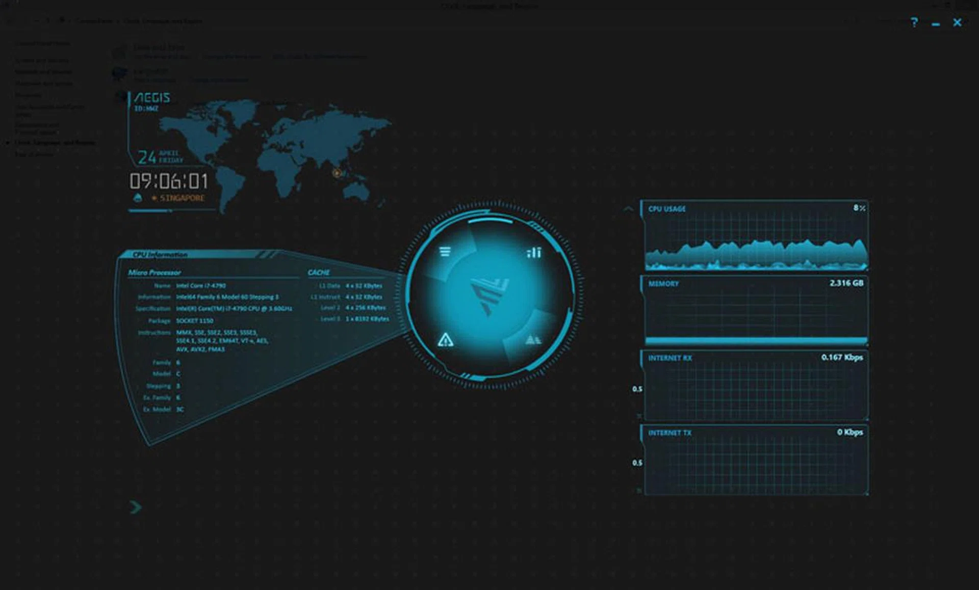 Clicking the arrow on the bottom left of the screen minimizes the main window and brings up your system information as a discreet overlay on your display.