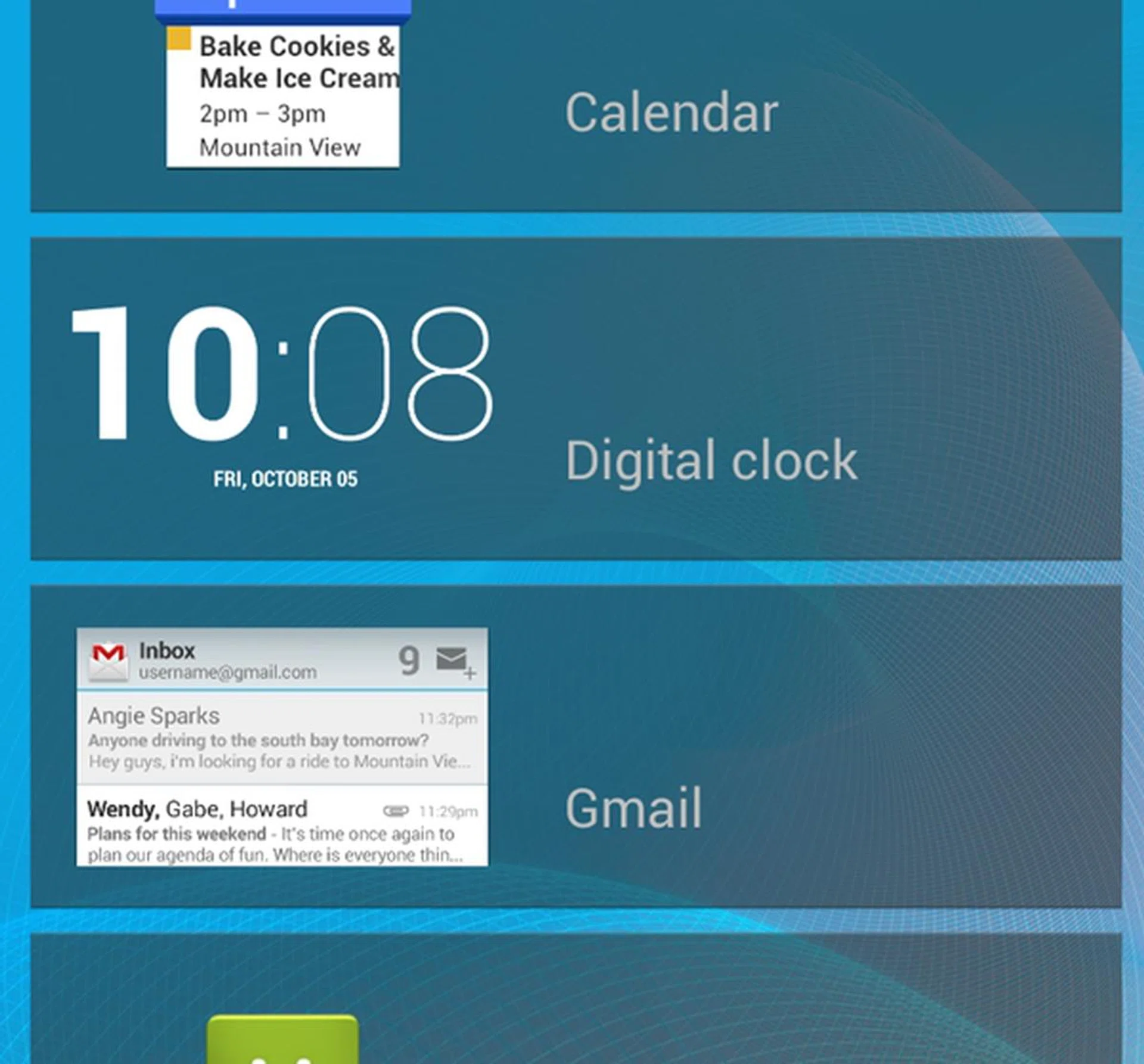 At the point of publication, you have only four widgets to use on the lock screen: Calendar, Digital Clock, Gmail and Messaging.