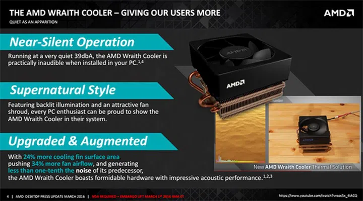 AMD's new Wraith cooler runs extremely quiet, yet still delivers powerful cooling performance. (Image Source: AMD)