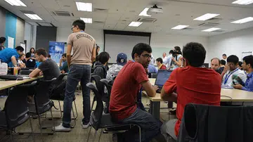 A roomful of finalists waiting for things to get started. All 18 teams were there bright and early on a Saturday morning.