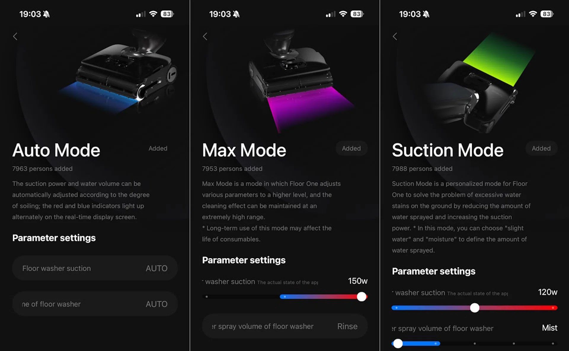 Limited power adjustments in the app, but you can see that even in suction-only mode, there is water mist released. Photo: HWZ