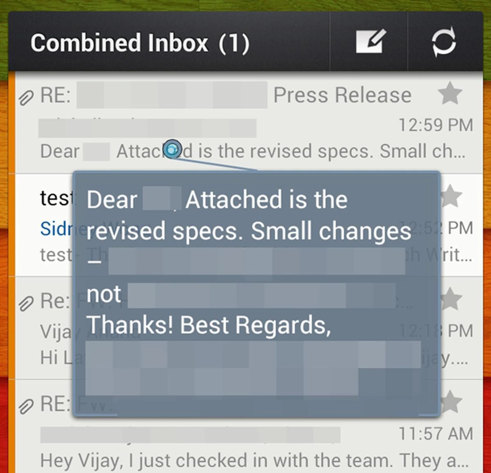 Using Samsung's email client, you can use Air View to preview the title of the emai or find out more about the contents of the email by hovering the S Pen close to the screen. A blue laser pointer will appear and expands upon the targeted section.