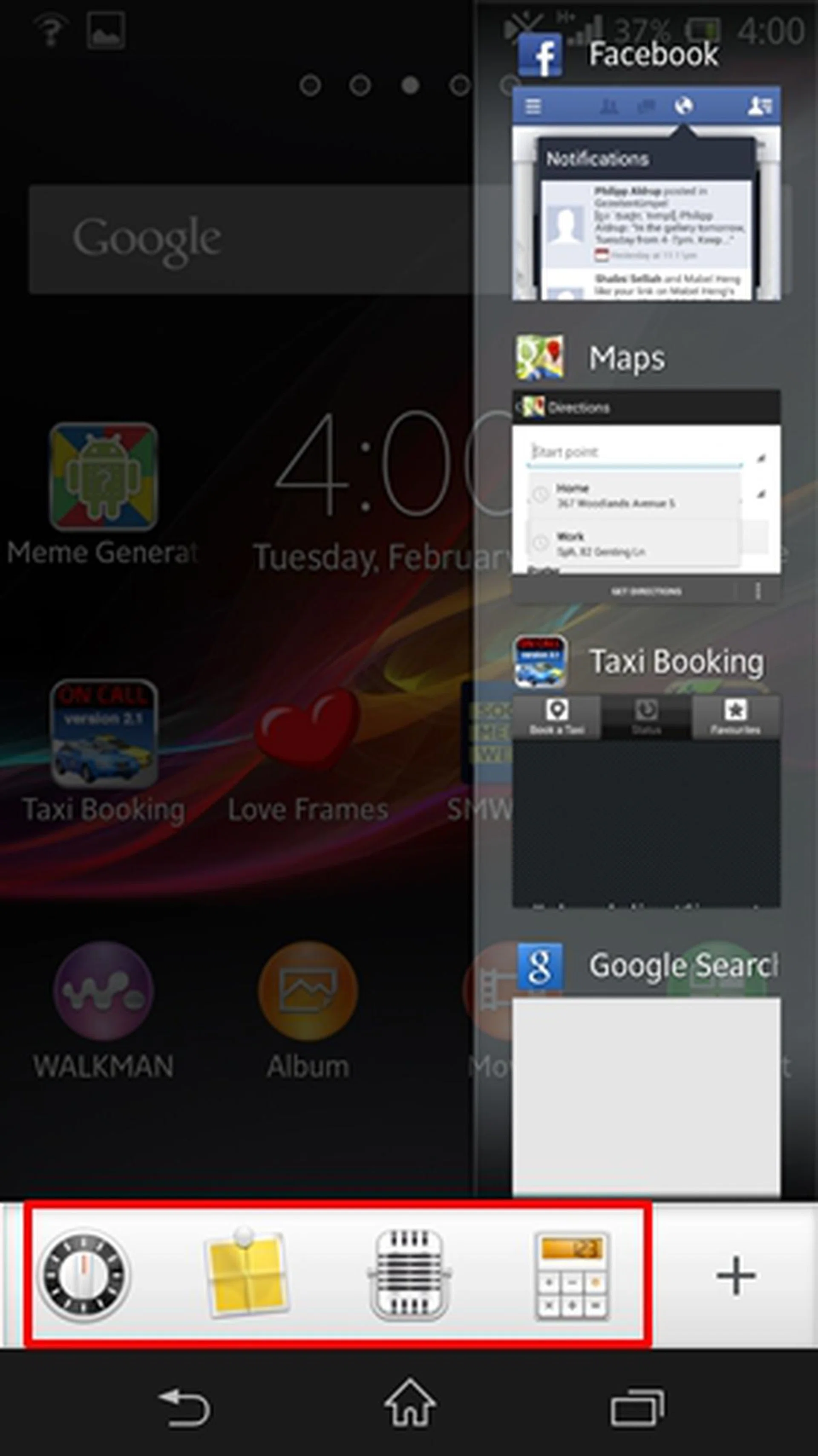 Pressing the Recent Apps button will reveal the multitasking menu on the right, and a shortcut bar dedicated for "small apps".
