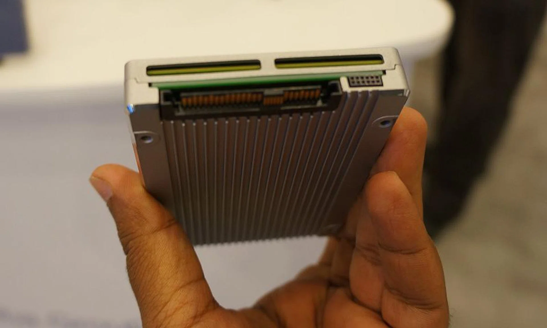 The OCZ Z-Drive 6000 hot-swappable 2.5-inch drive looks a lot chunkier than consumer grade SSDs because of the over-provisioning of electrical components such as super capacitors to ensure all data gets written to disk in the event of a power failure. These small form factor drives use the new U.2 connector.