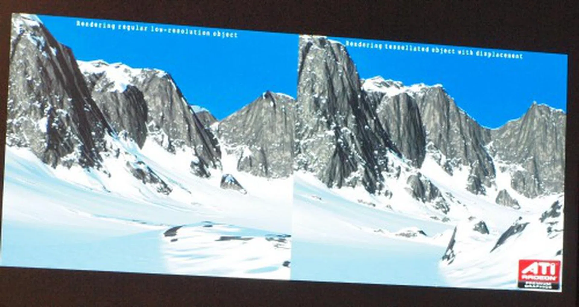  AMD's split-screen presentation of how a scene would appear with and without tessellation - a required feature support on DirectX 11 and already supported on current Radeon HD 4000 series.  