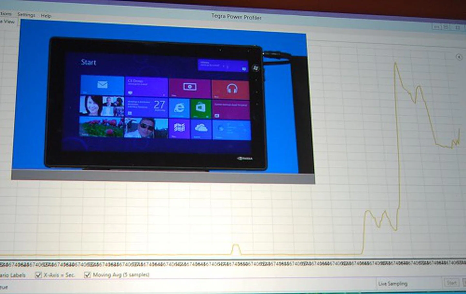 In this snapshot, Karagounis woke the tablet up by sending a Facebook message, which was purposely exaggerated by also invoking the screen for a visual cue. These actions naturally caused a spike in power consumption, but the point to take home is that the device woke up almost instantly with literally no delay to the usage experience for the end-user – just like a smartphone.