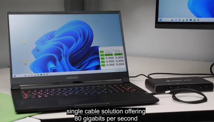 Looks like it was a Gigabyte Aorus test notebook fitted with Intel's new Thunderbolt controller and mated to an early-generation Thunderbolt 5 dock.