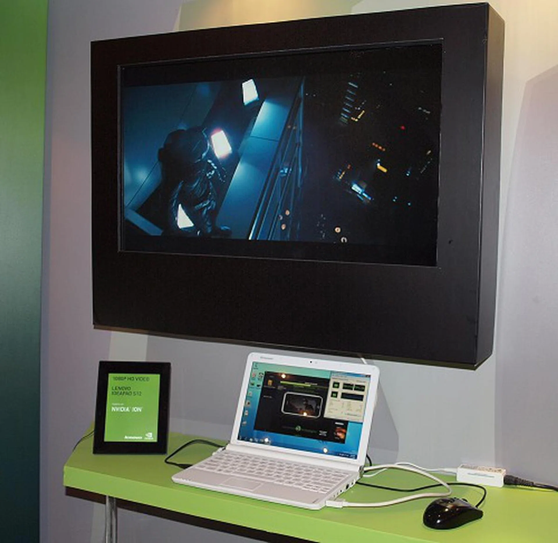 To prove the versatility and power of the NVIDIA Ion platform, NVIDIA got hold of an early unit of the Lenovo IdeaPad S12 and got it running a full 1080p HD clip of the Dark Knight trailer, while it was tasked with a video transcoding process with Badaboom media converter .