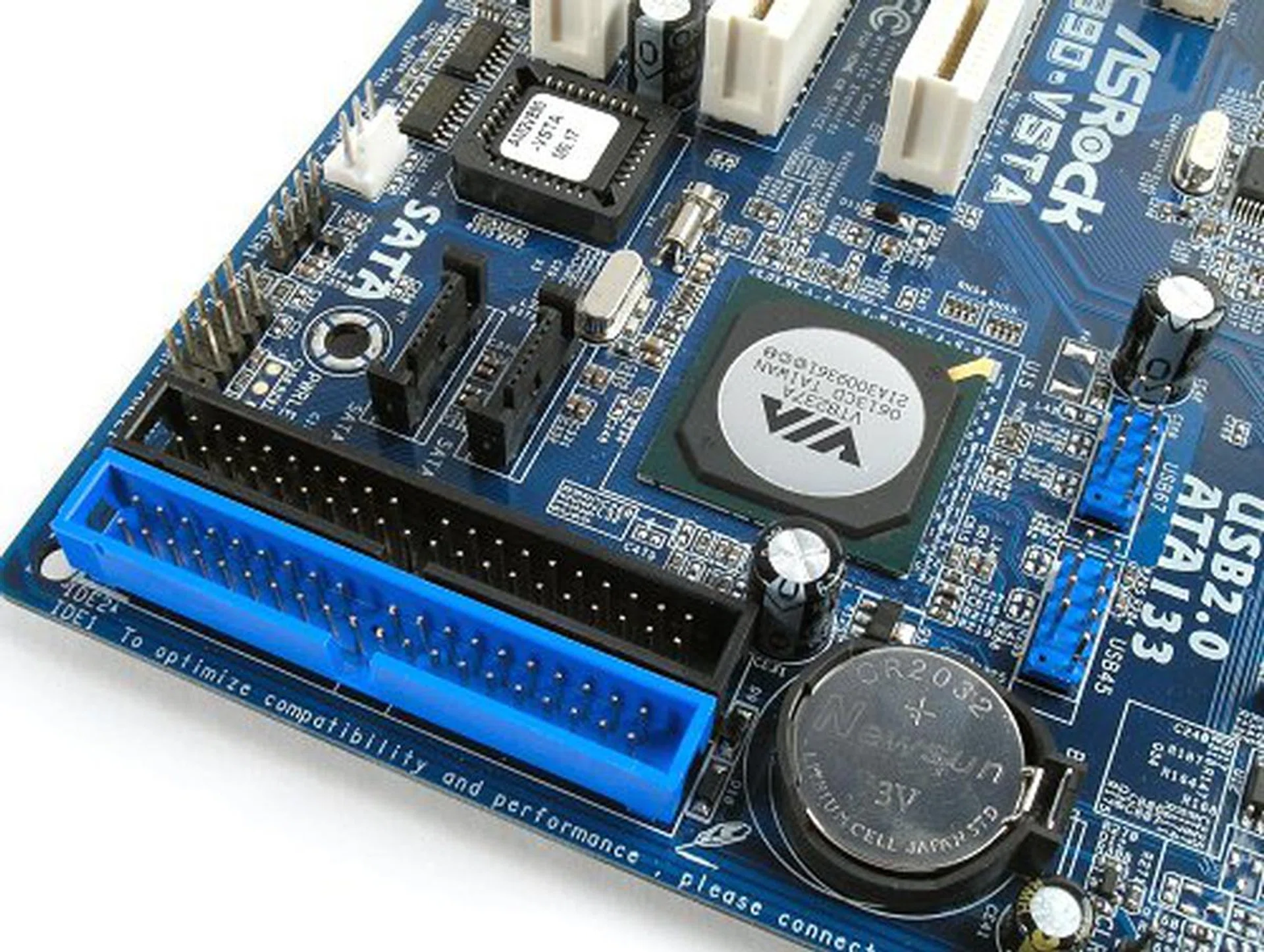 Both the IDE connectors as well as two SATA headers are located at the bottom of the board.