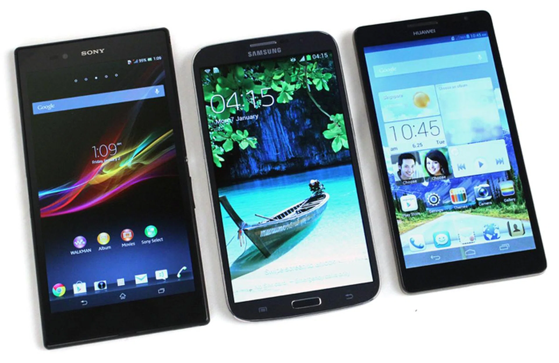 The 6-inch Jaegers: Sony Xperia Z Ultra (left), Samsung Galaxy Mega with LTE (center) and Huawei Ascend Mate (right).
