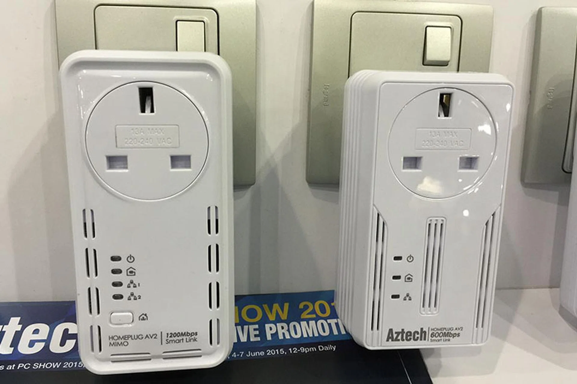 Aztech also has several Powerline adapters on sale. On the left is the HL129EP, which supports up to 1,200Mbps and has AC passthrough. It's going for $79 (or $138 a pair). On the right is the 600Mbps HL119EP, which goes for $55.