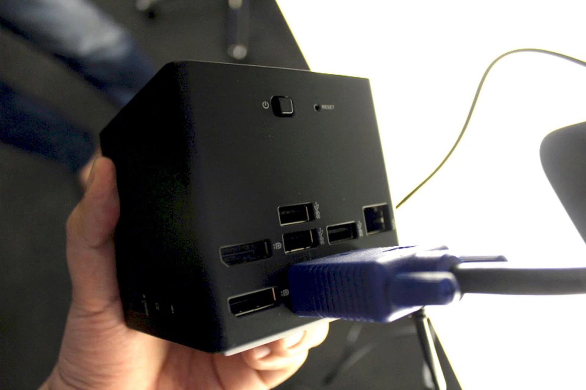 The HP Advanced Docking Station greatly expands the Elite x2's connectivity options. Here we can see three USB 3.0 ports, two DisplayPorts, a VGA port and an Ethernet jack to the far right.