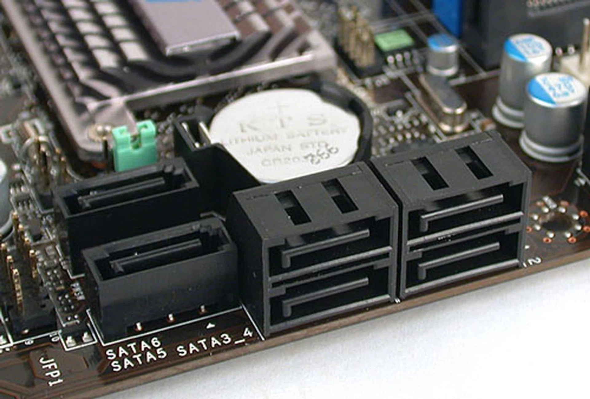 Six black SATA ports supporting the 3.0Gbps transfer rate. It's a shame that none of the H55 boards support the newer SATA 6Gbit/s interface.