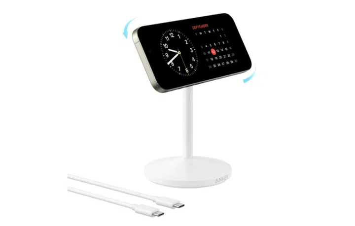 The Anker MagGo wireless charger (stand) has a 360° rotating mechanism for you to adjust between landscape and portrait orientations.