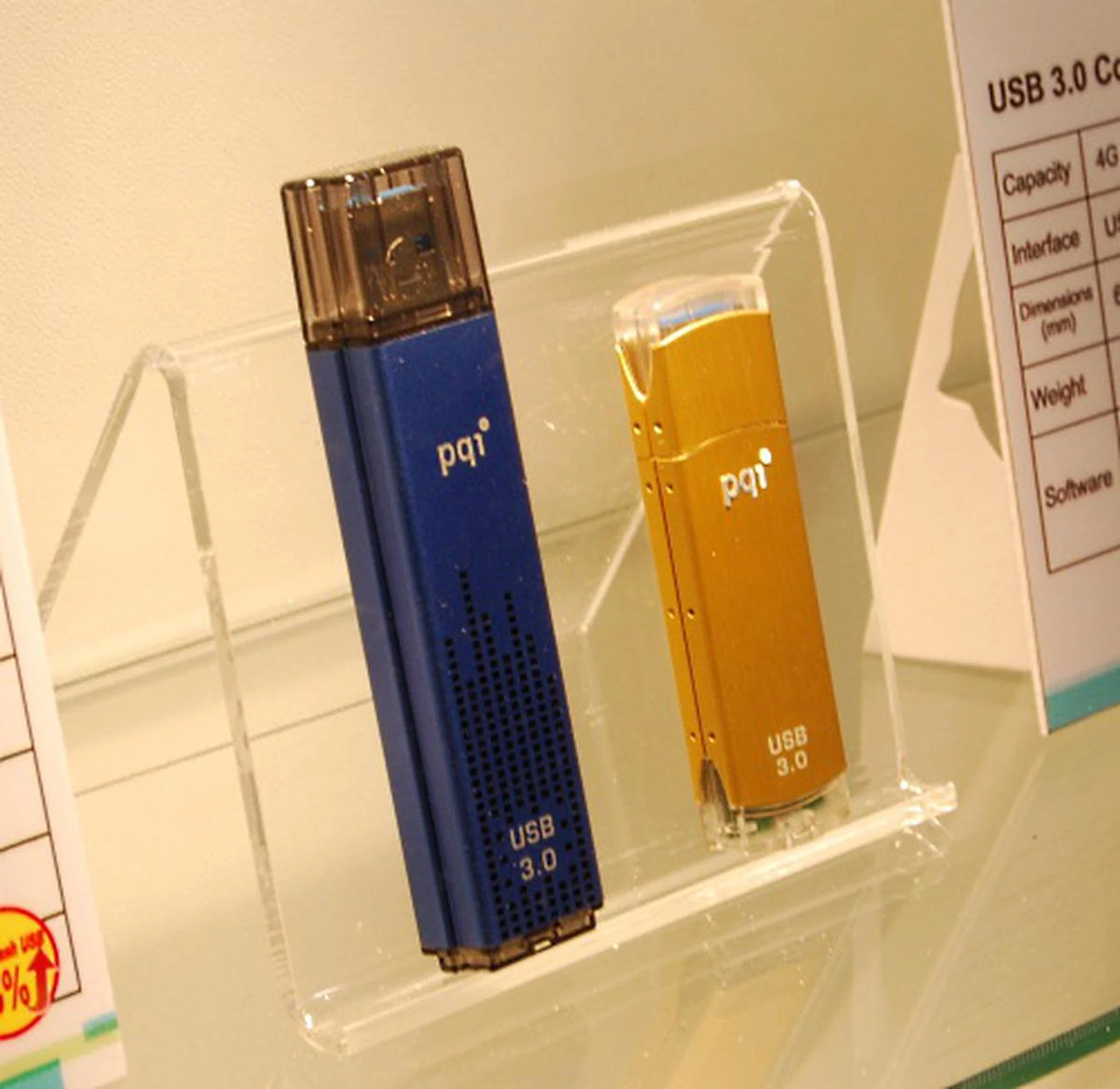 Two of PQI's USB 3.0 flash drives, with the blue Cool Drive U368 with a max capacity of 128GB. 