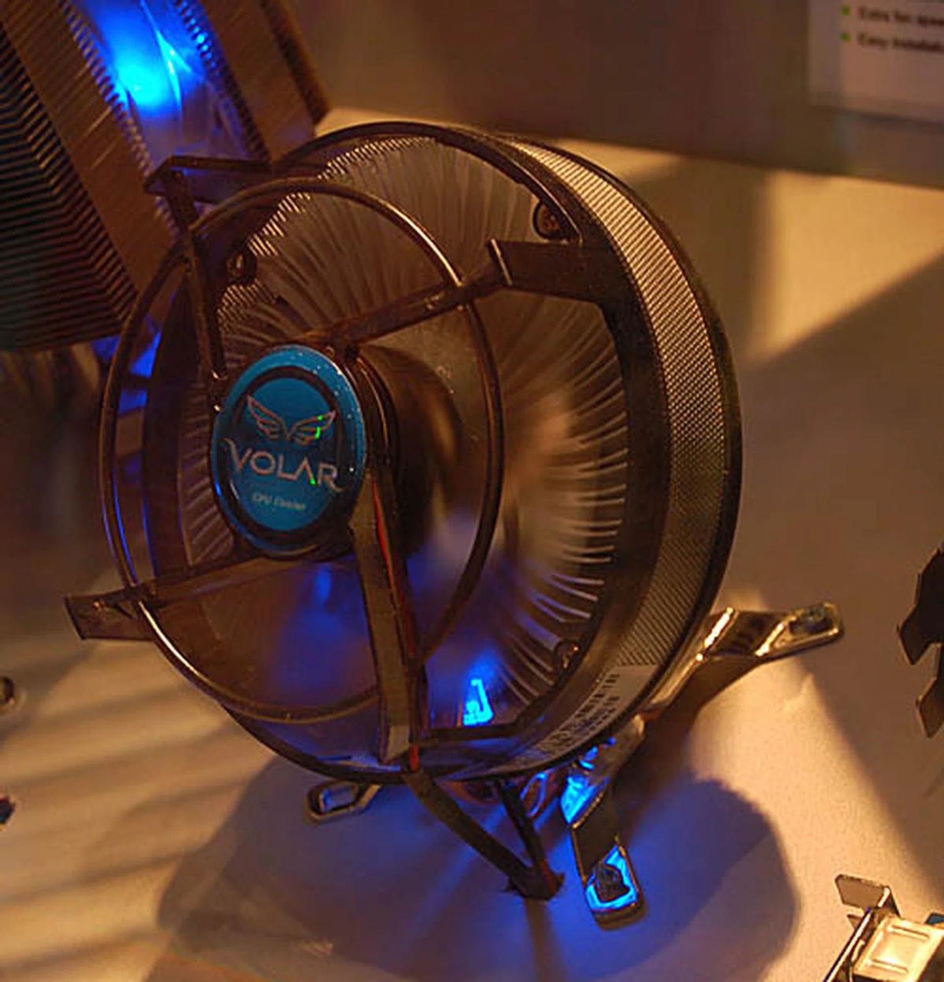  A universal CPU cooler for both AMD and Intel platforms (AM2 and LGA775), this new cooler, Volar has a copper core supplemented with aluminum fins. The angle which it is tilted allows for adequate airflow and cooling to the MOSFETS surrounding the CPU.  