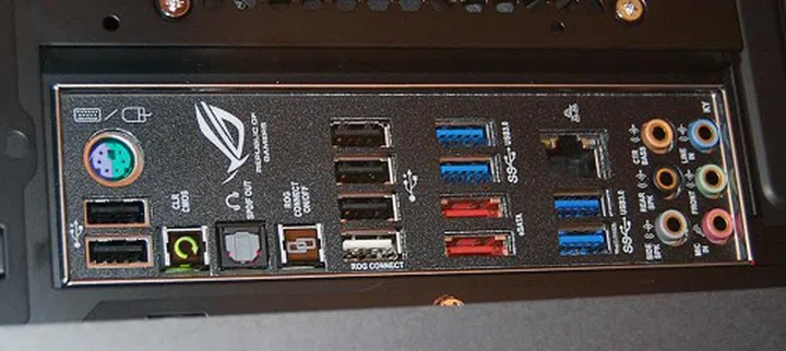 Some of the rear-I/O ports that show that the motherboard within is really ROG caliber.