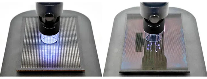 Notice how the pixels on a microLED panel (right) are so much smaller than the ones on a conventional LED panel (left). (Image source: Samsung.)