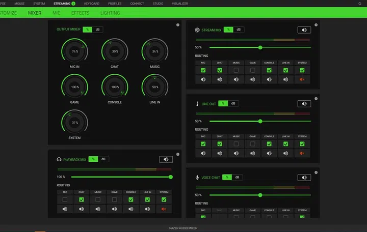 The Mixing screen for the Audio Mixer on Synapse. (Image source: Razer)