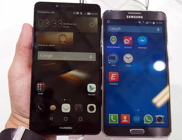 Seen here are the 6-inch Huawei Ascend Mate 7 and the 5.7-inch Samsung Galaxy Note 3.