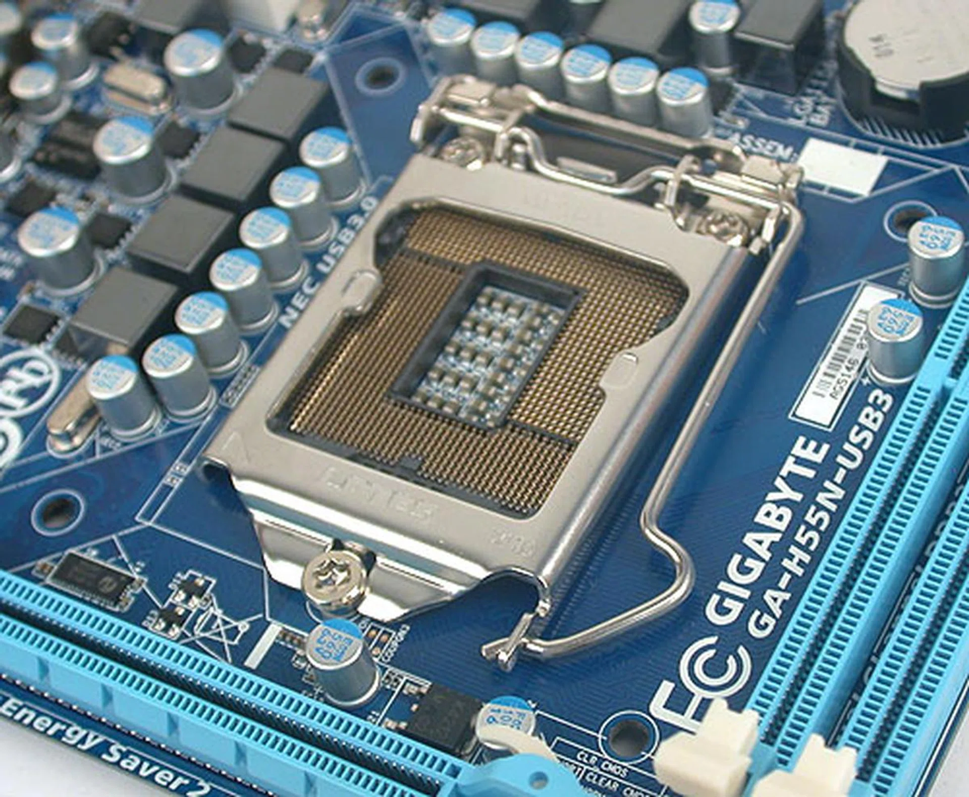 Again, space is limited and the CPU socket with the holes for the heatsink is uncomfortably close to the other components. 