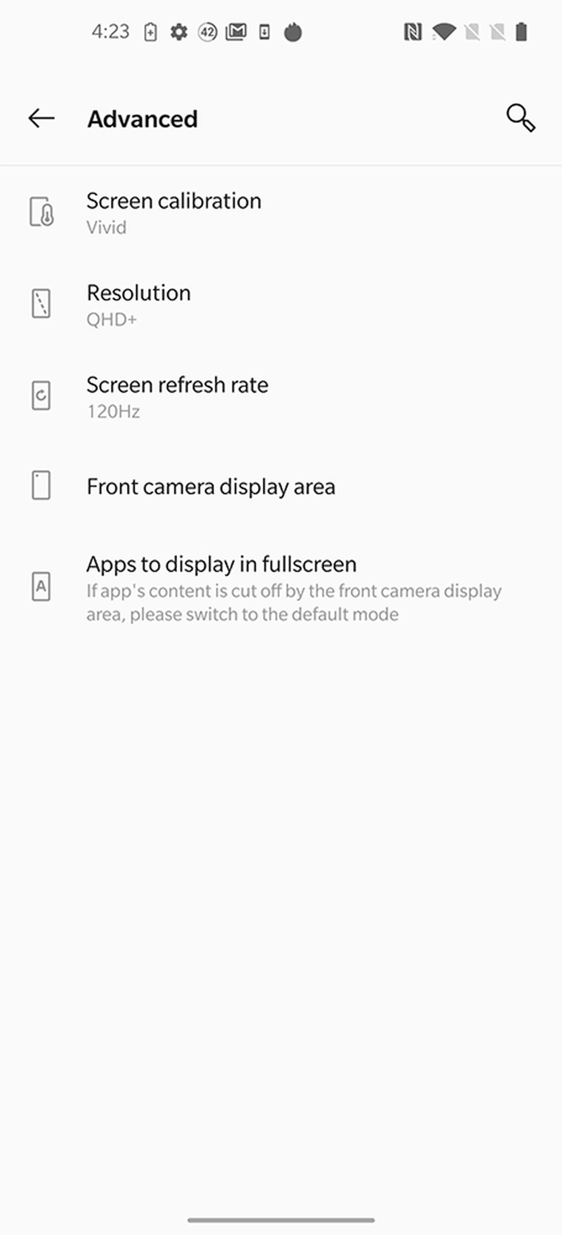 OnePlus 8 Pro's display options.