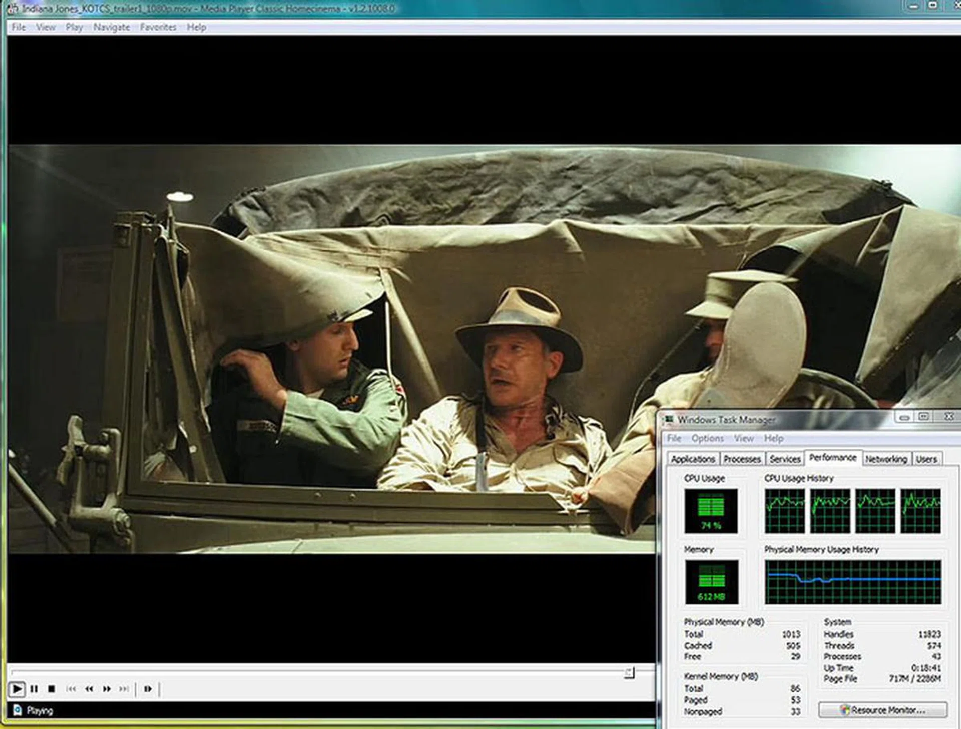 Moving onto dual cores did not make this Intel Atom capable of playing high definition (1080p) videos. From this screenshot, it's obvious that even with HyperThreading, the CPU was heavily stressed, with 74% utilization. 