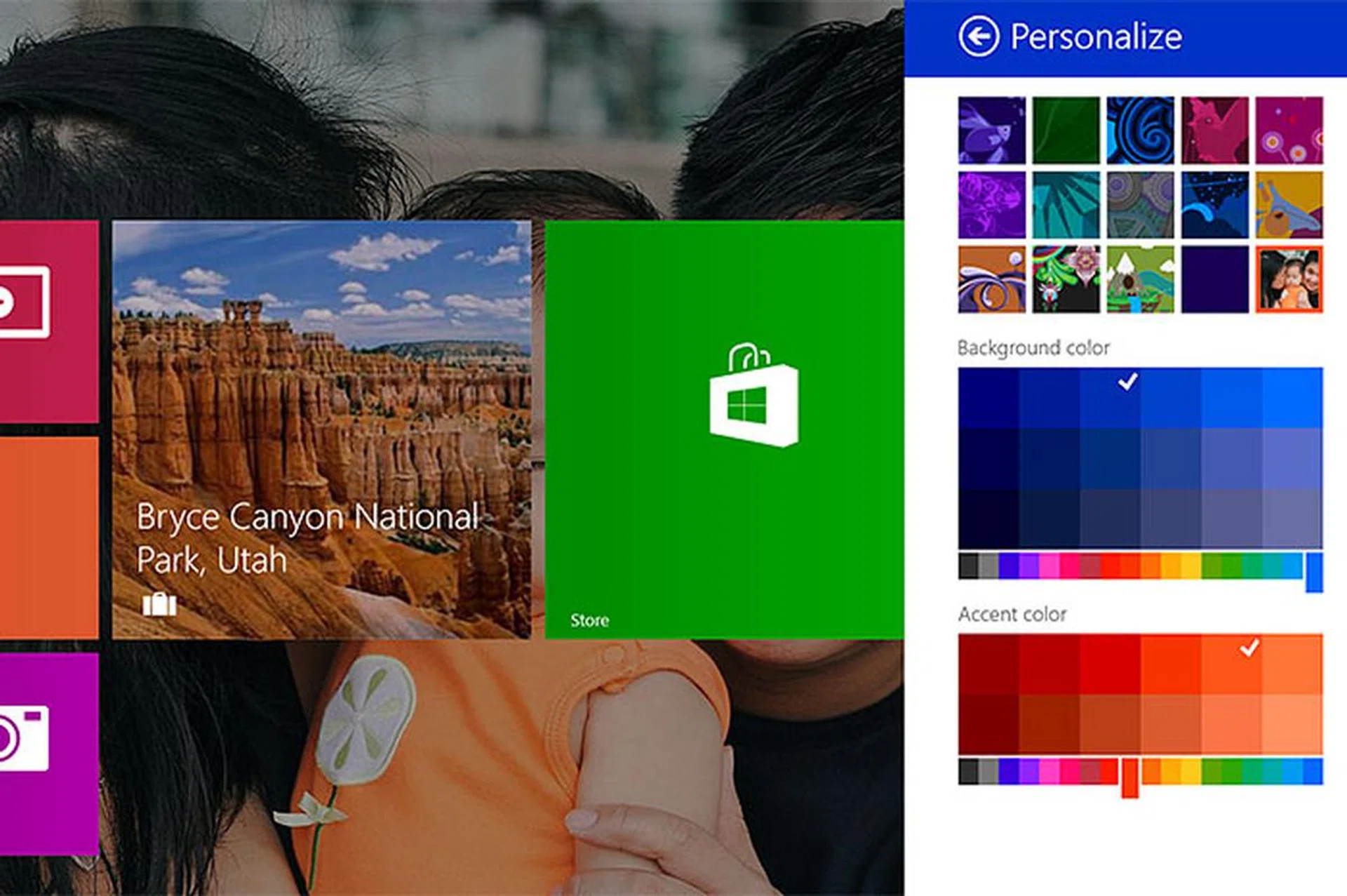 Giving the background personalize setting its own little pane means you can see changes being implemented as you select them.