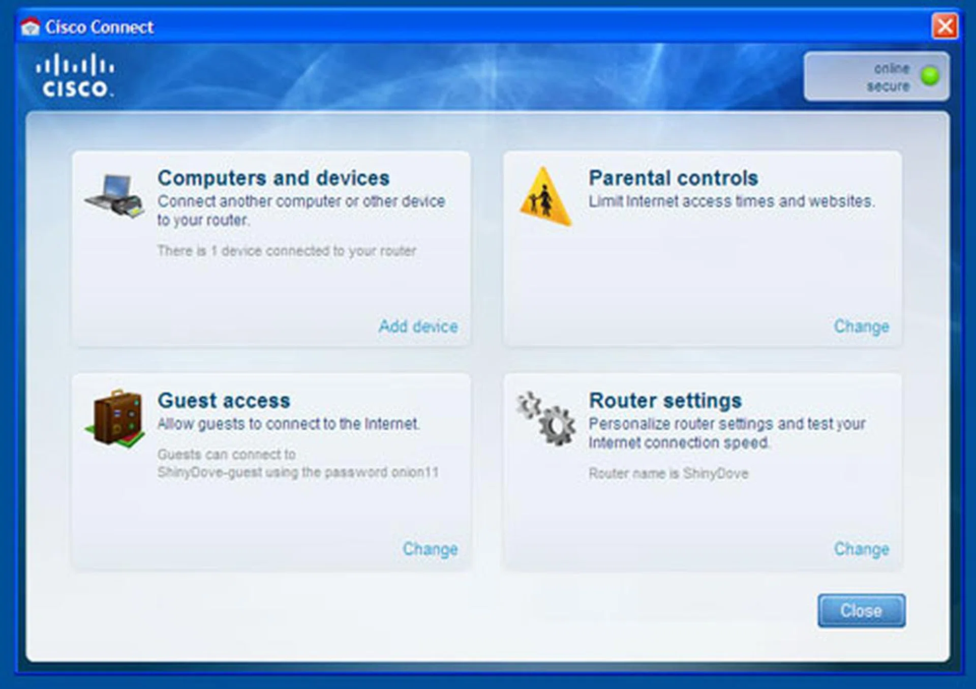 Cisco Connect provides access to basic router configurations as well as parental controls. Adding PCs or notebooks to the network is a breeze too. However, expect more wacky names such as the "onion11" password for the guest access SSID.