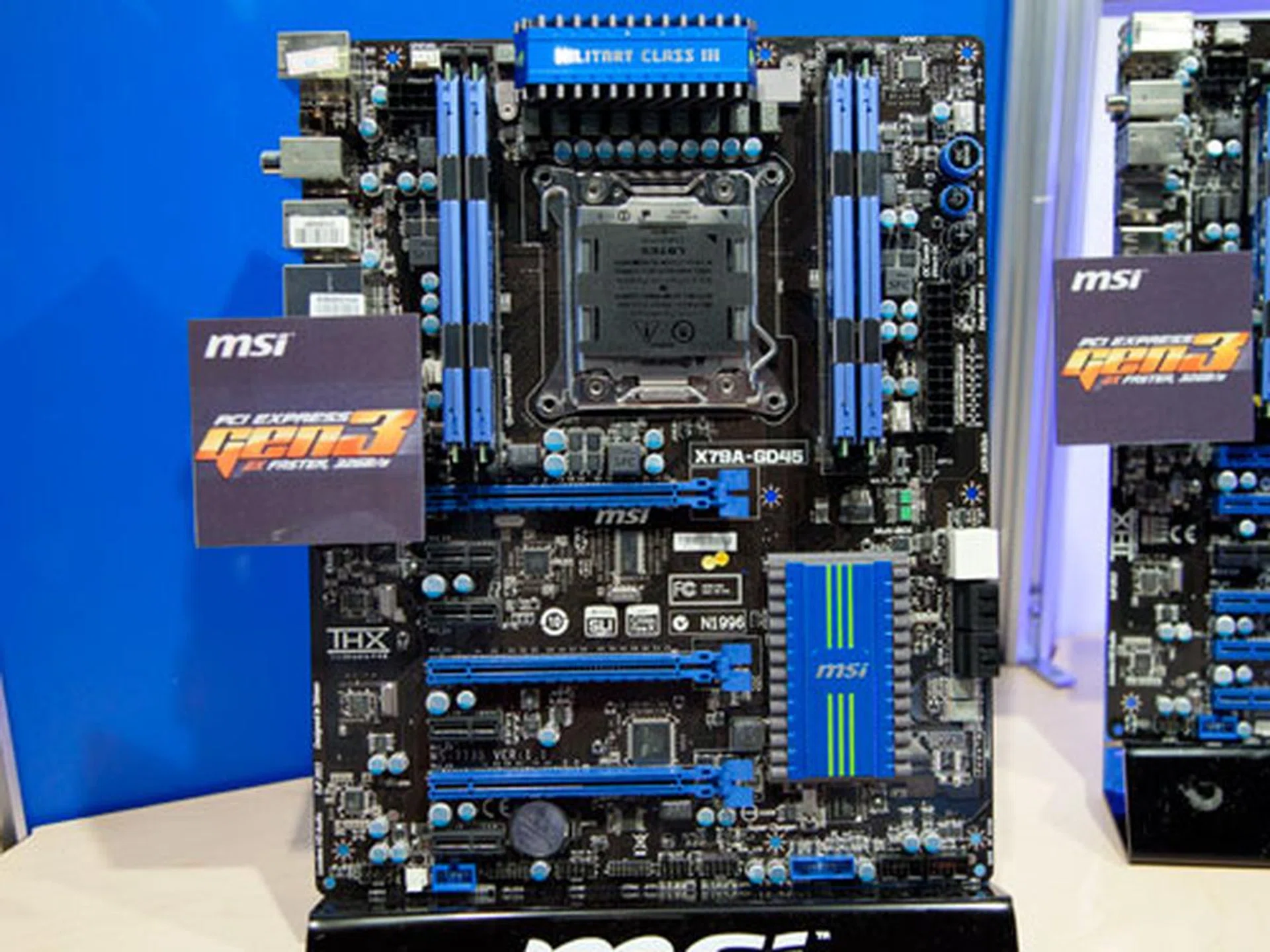 The MSI X79A-GD45 is the most basic X79 motherboard. It comes with 4 memory sockets and up to three PCIe Gen 3 x16 slots for multi graphics configuration.
