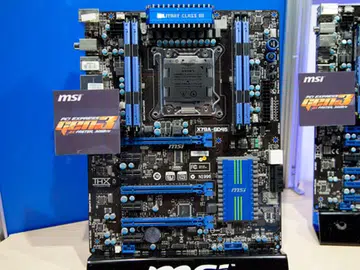 The MSI X79A-GD45 is the most basic X79 motherboard. It comes with 4 memory sockets and up to three PCIe Gen 3 x16 slots for multi graphics configuration.