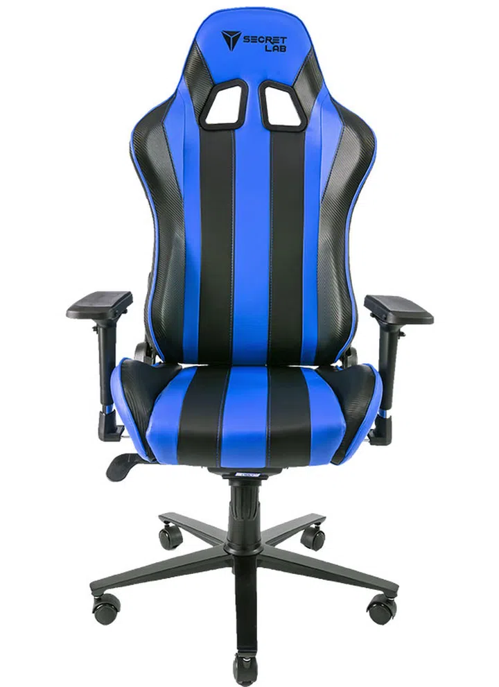 The Secretlab Throne V2 in Azure Blue. You can see the carbon fiber texture on the black racing stripes. (Image Source: Secretlab)