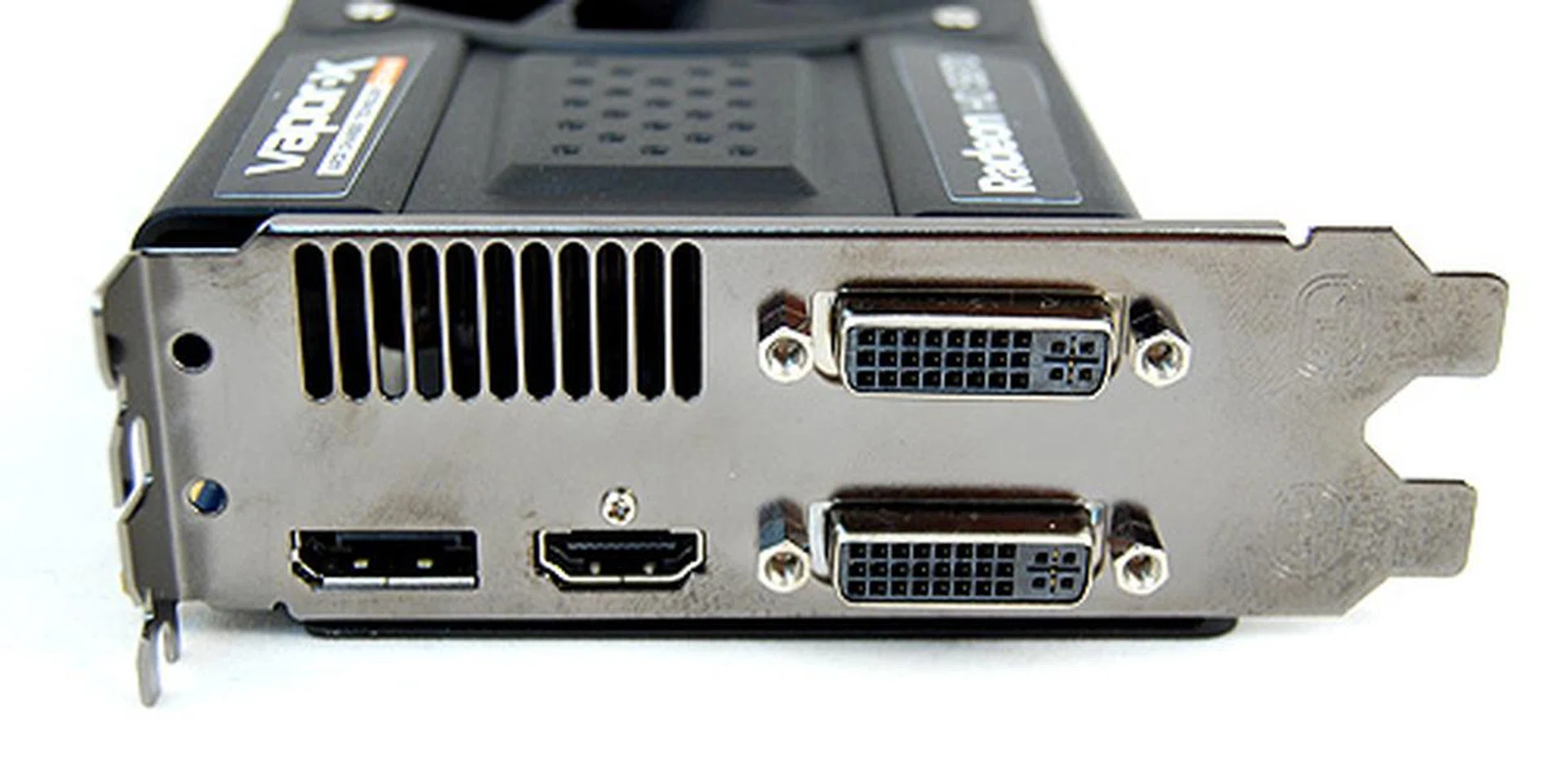 The usual two DVI ports, single HDMI and DisplayPort.