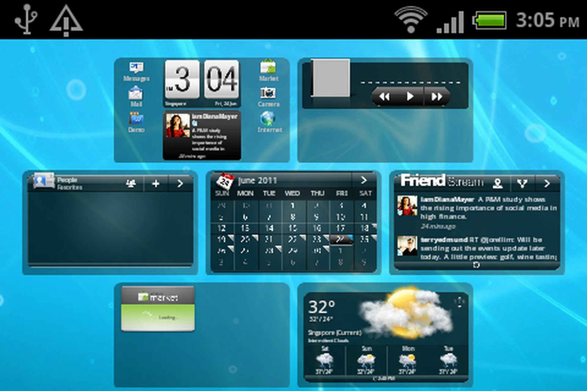 HTC Sense 2.1 for Messenger still retains the familiar overview feature where you can see all seven home screen panels.