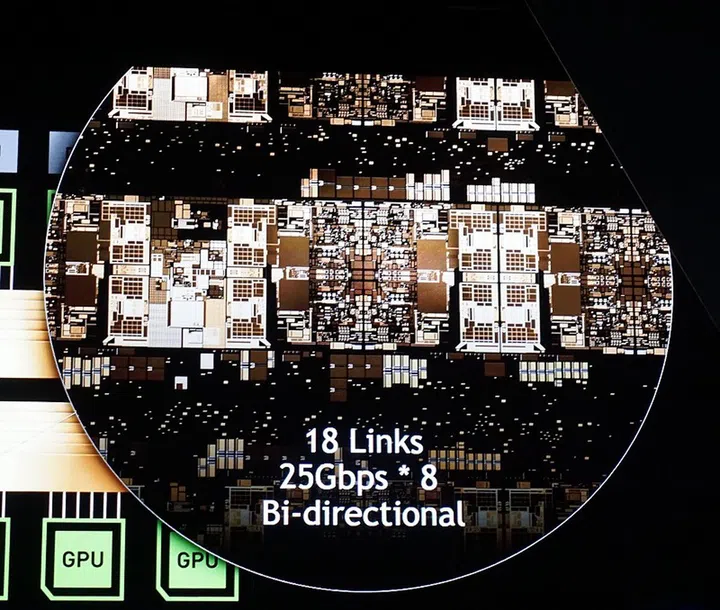The full bidirectional bandwidth of each NVSwitch is a staggering 900GB/s. That's derived by 18 links x 25GB/s per NVLink and per direction.