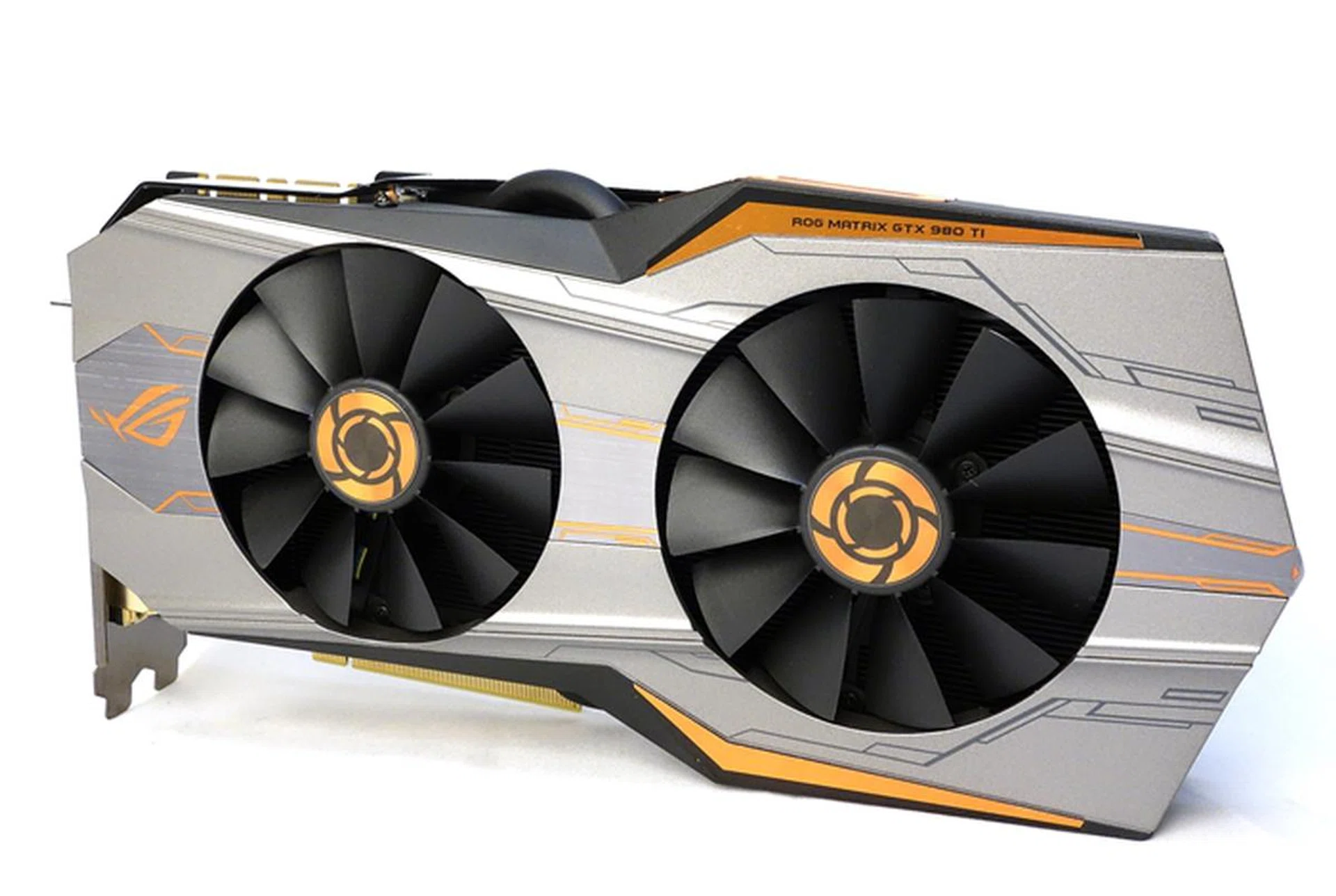 The ASUS ROG Matrix GTX 980 Ti Platinum Edition card is one of the most visually striking cards. Its orange on grey fan shroud grabbed our attention right out of the box.