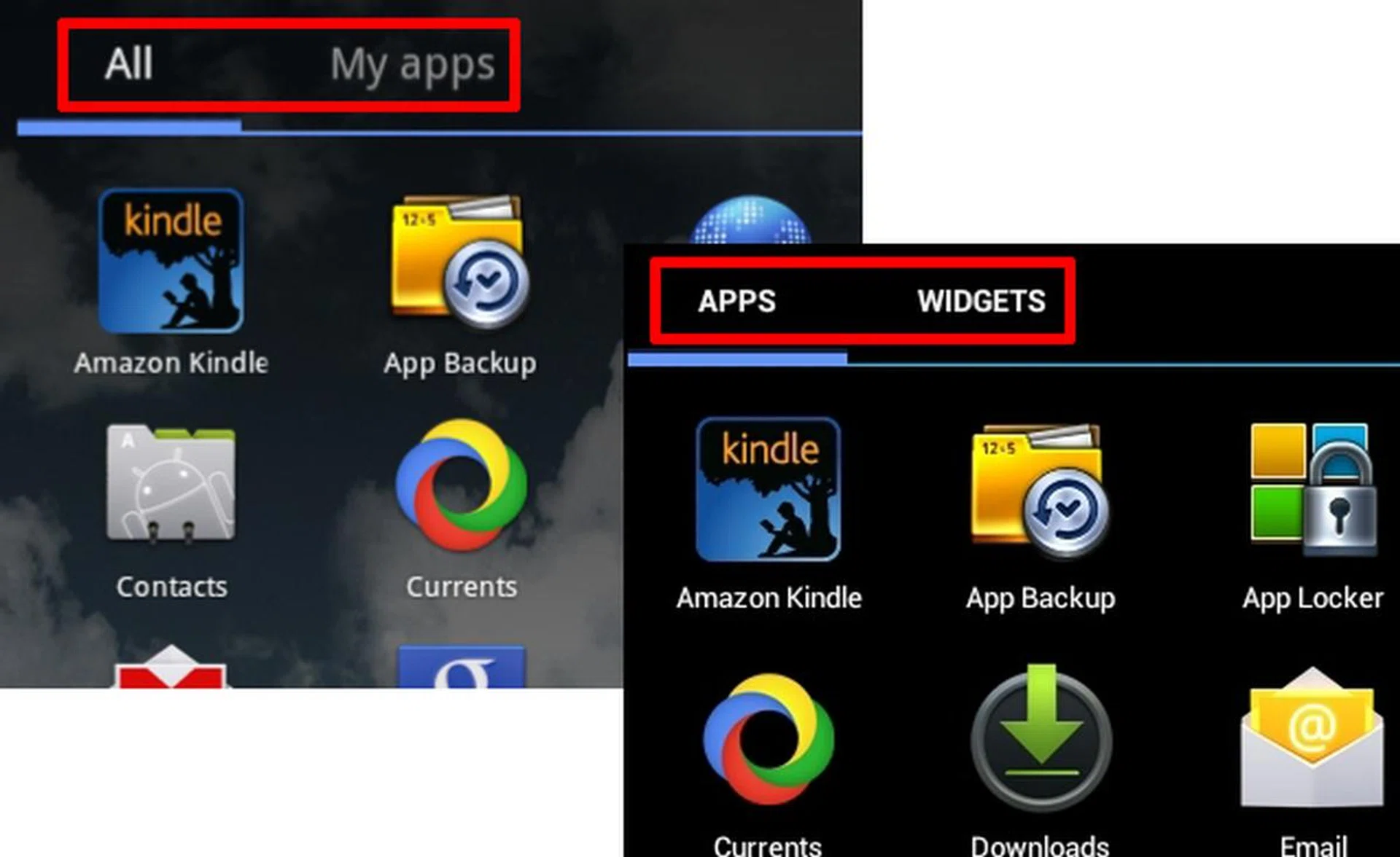 Honeycomb (left) only had apps listed within the main menu, while Ice Cream Sandwich (right) consolidated both apps and widgets within the same menu.