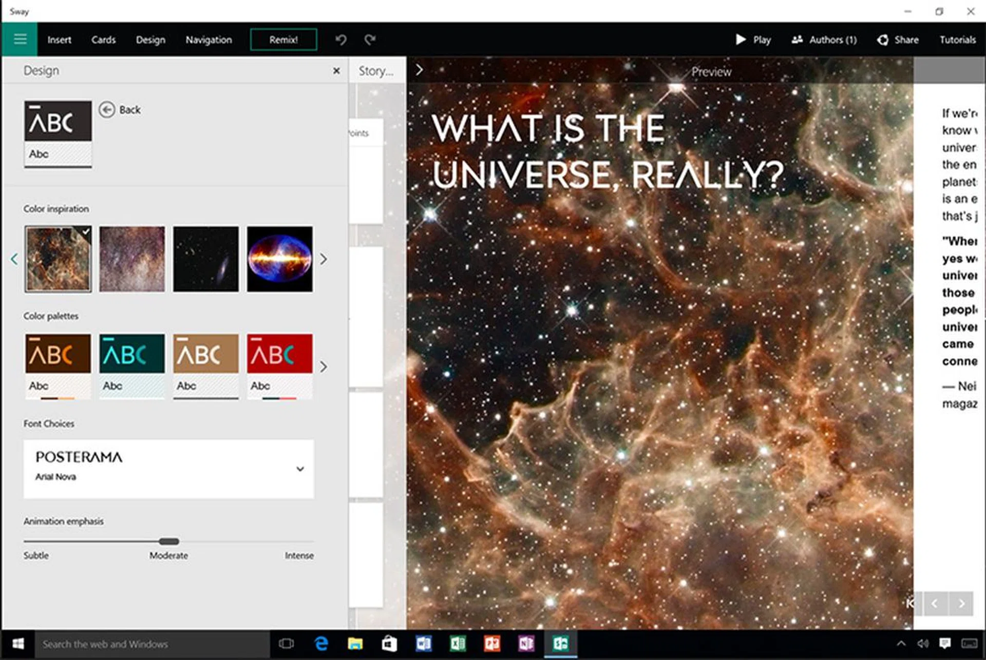 Sway is a storytelling app to help you organize content, photos and video in a visually compelling way. (Image Source: Microsoft)