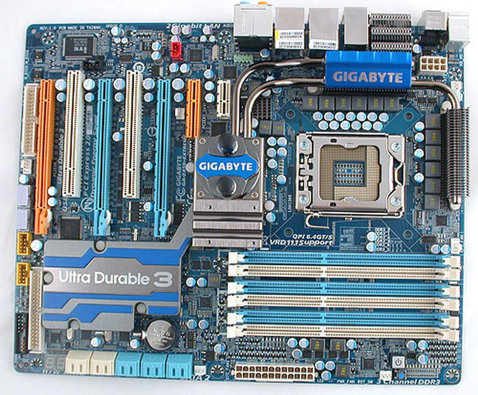 Gigabyte has sobered down the colors, with more blues in its EXTREME version of the X58 chipset. 