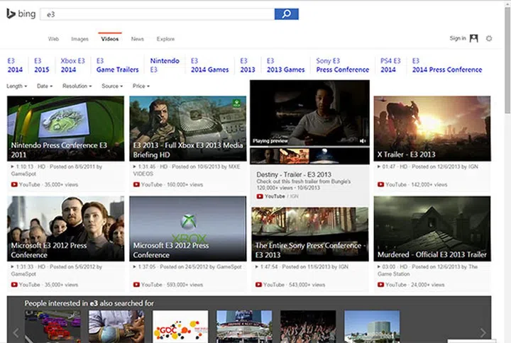 Bing's video search results page now features larger images and video thumbnails for a more visual layout.