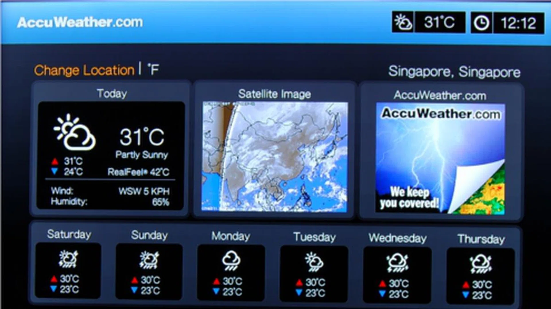 The AccuWeather service provides the weather forecast for the day, as well as forecasts for the next three days. It also includes additional information such as humidity level and wind speed.