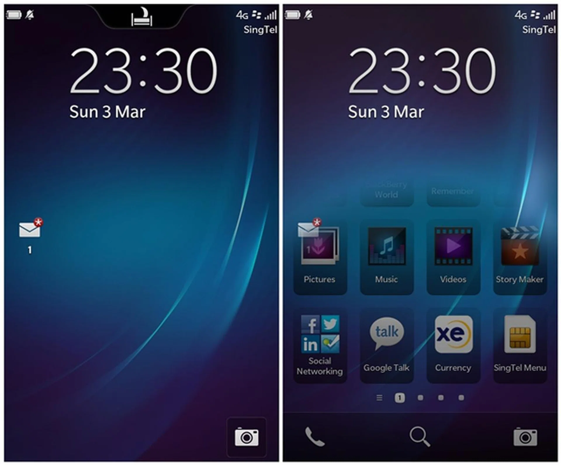 Left: Lock screen of BlackBerry 10 OS. <br> Right: A screen shot taken while in the process of unlocking the phone.
