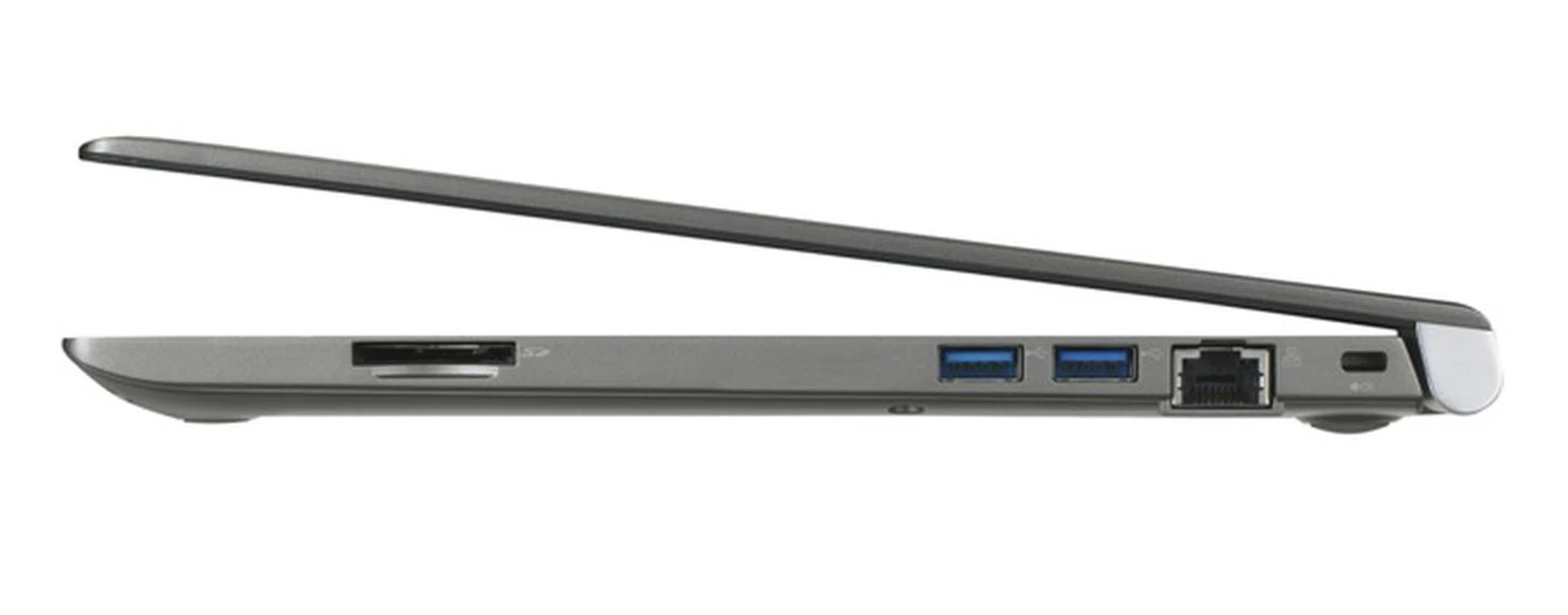 The Toshiba Portege Z30t is a highly portable machine, tapering down to a thickness of just 13.9mm. On this left profile, we see a SD card reader, two USB 3.0 ports, an Ethernet port and a Kensington Security Slot.