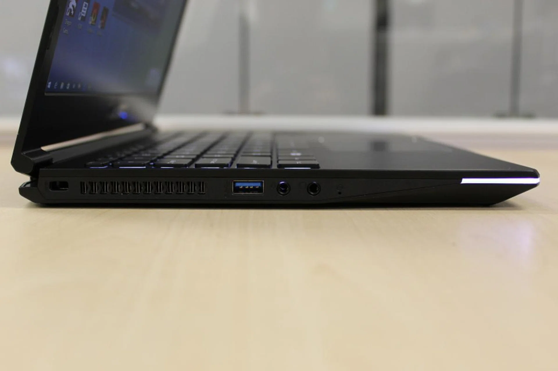 The audio jacks and the lone USB 3.0 port.