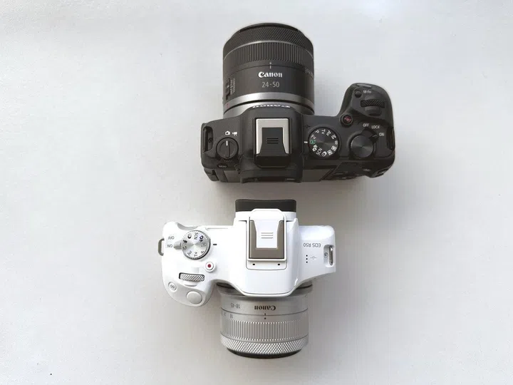 The EOS R50 (bottom) has a much smaller and shallower front grip compared to the EOS R8 (top).