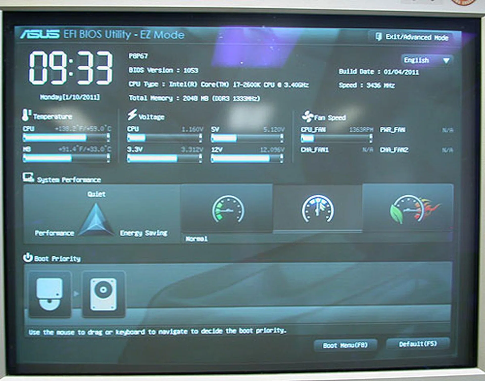 We have seen this very polished ASUS EFI BIOS on its Deluxe edition of this P67 series. It's similar on this non-Deluxe edition, with a responsive and easy to use interface. The relevant info can be taken in at a glance with the EZ Mode, while advanced users can play with more settings in the Advanced Mode.