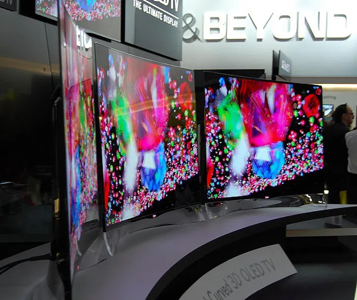 Another view of the trio of 55-inch 3D curved OLED displays from LG.